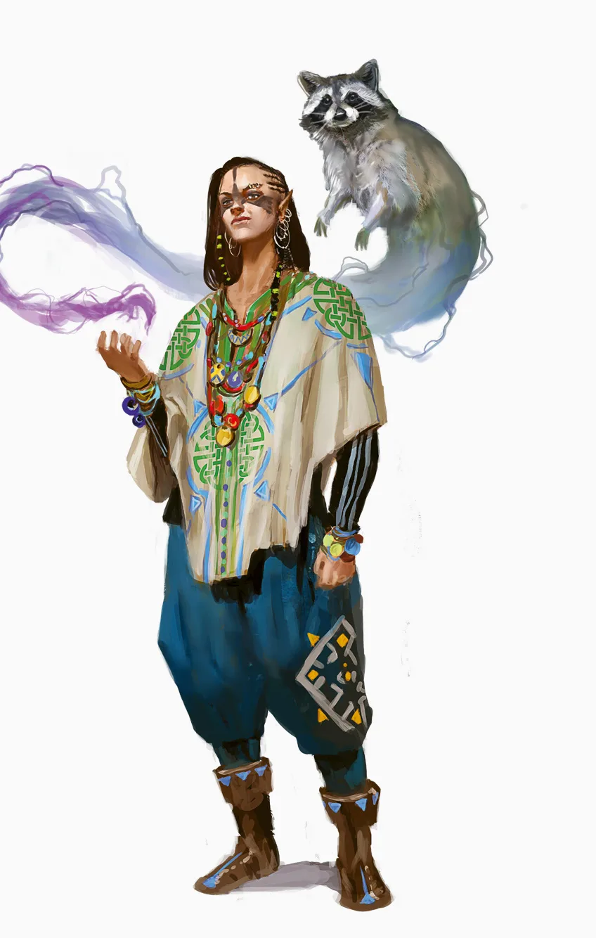 Trash, an elf raccoon shaman, the pregen art