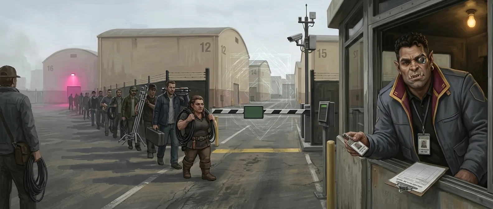 The vehicle gate at morning shift change, Salas leaning out of the gatehouse