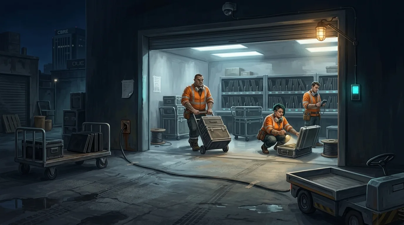 The same building's goods ramp: the roller door up, carts and rig cases in the bay