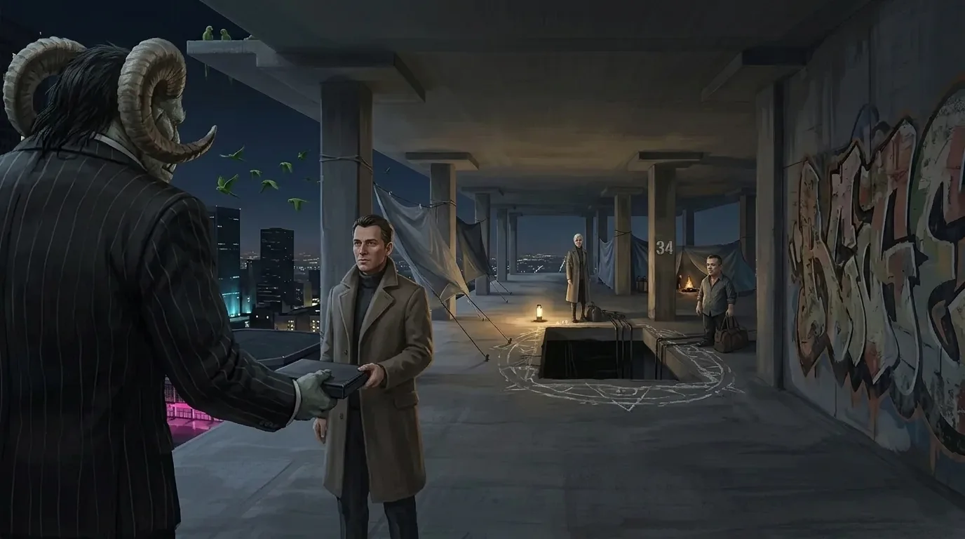 The thirty-fourth floor of an unfinished tower, the handoff mid-frame