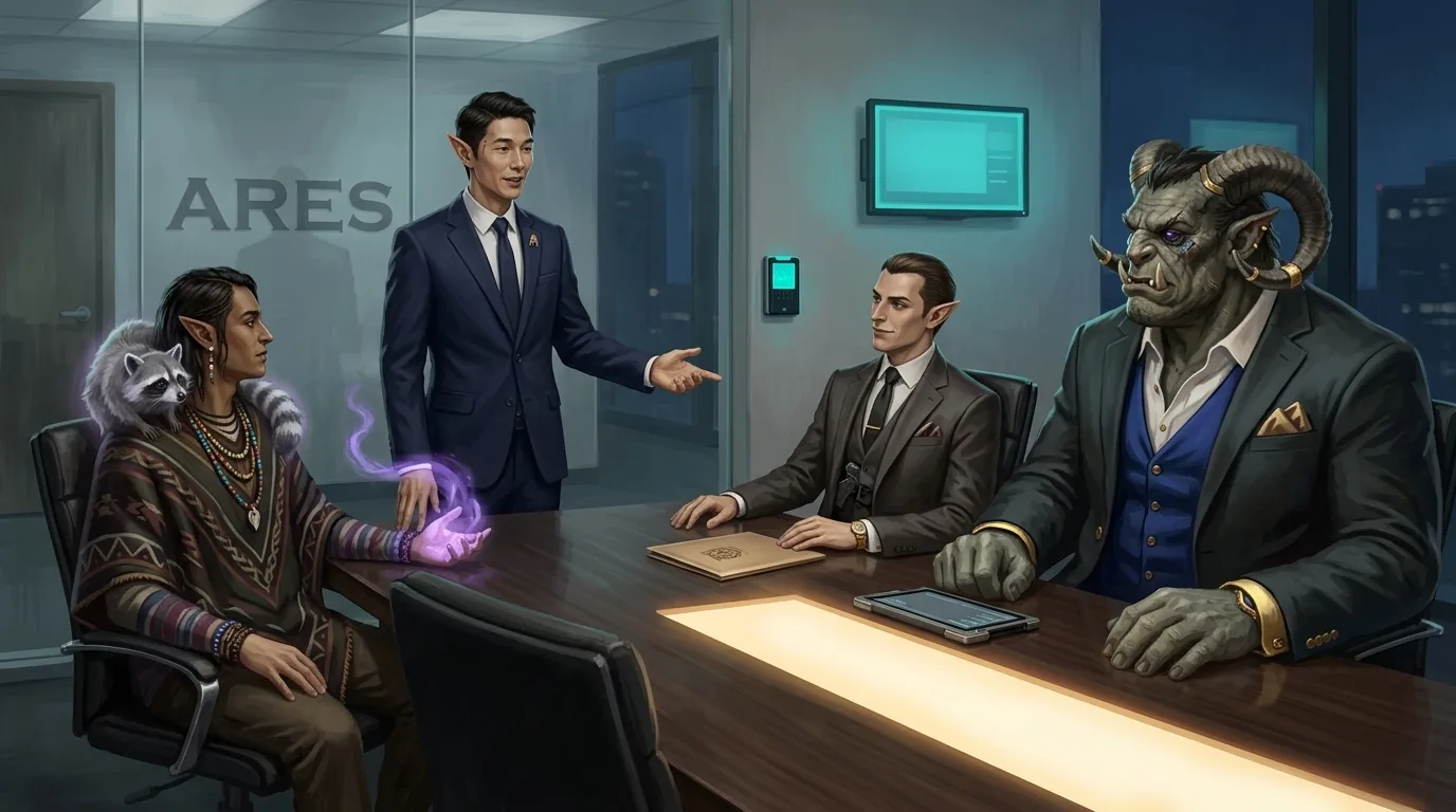 An Ares branch office, Whitaker mid-offer across the table from the crew