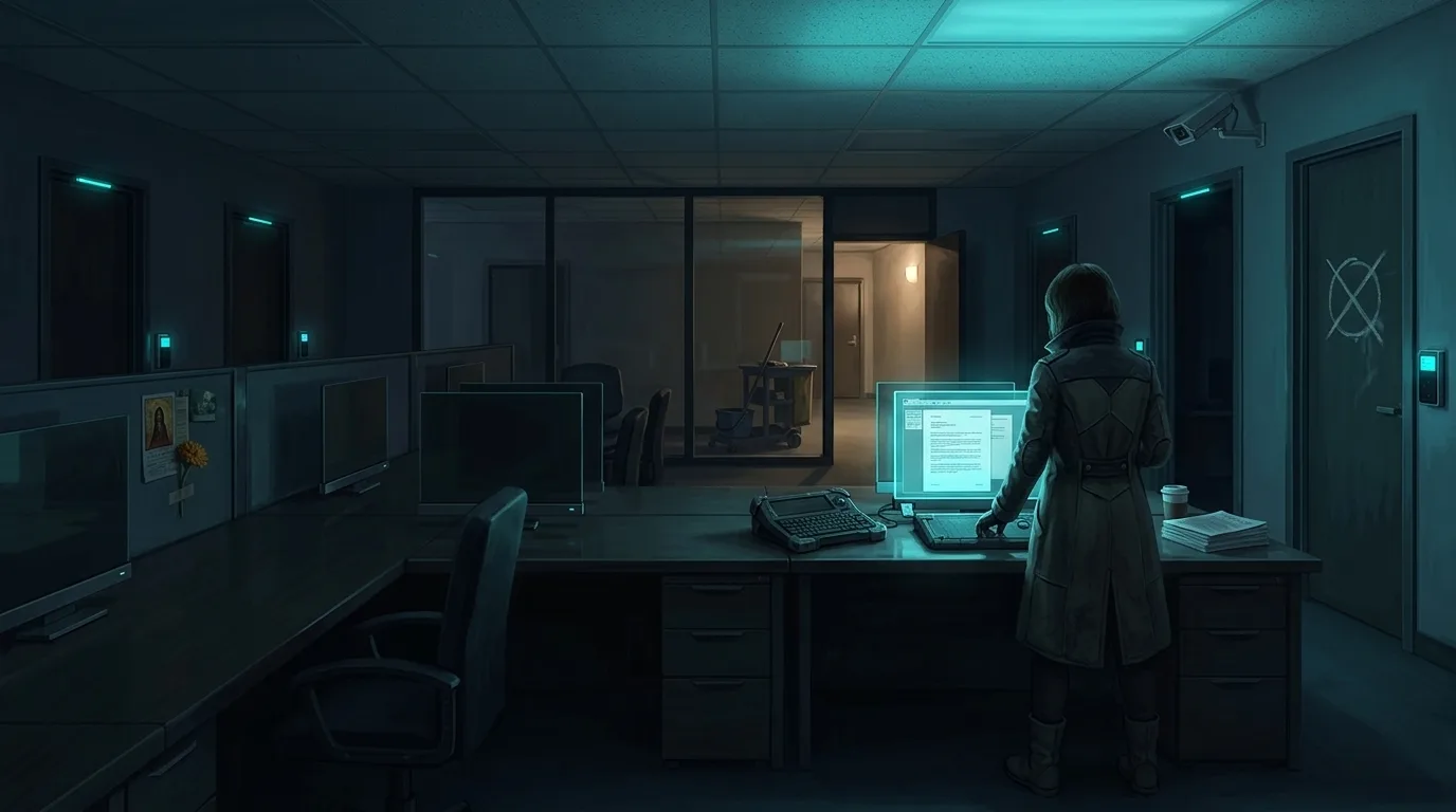 An office floor at night, one display awake at the end of the bay with a runner pressing a cartridge into it