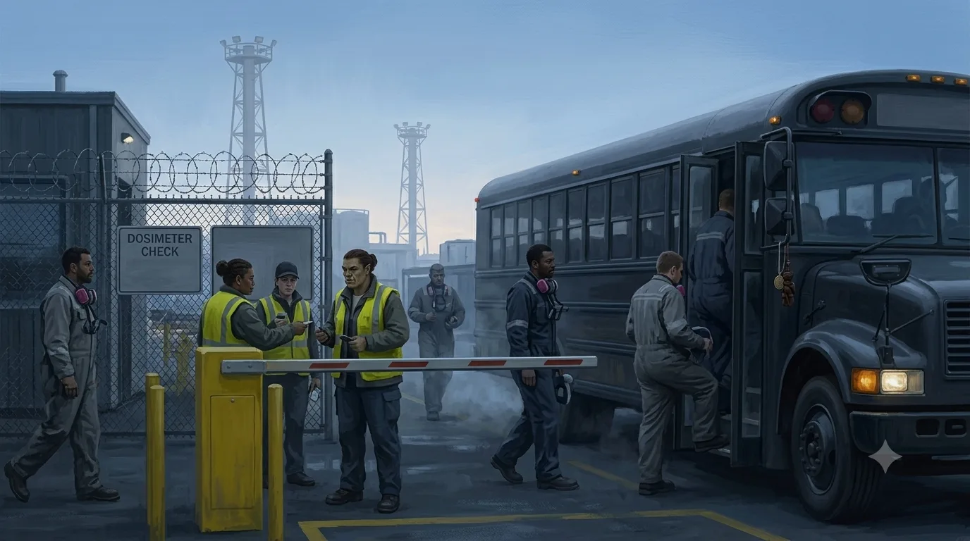 A cordon badge gate at shift change, a shift bus loading, the plant's sodium towers beyond the fence